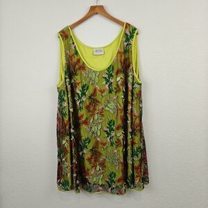 Michael Faircloth Satin Bright Green Floral Embroidered Sleeveless Blouse SZ 1X